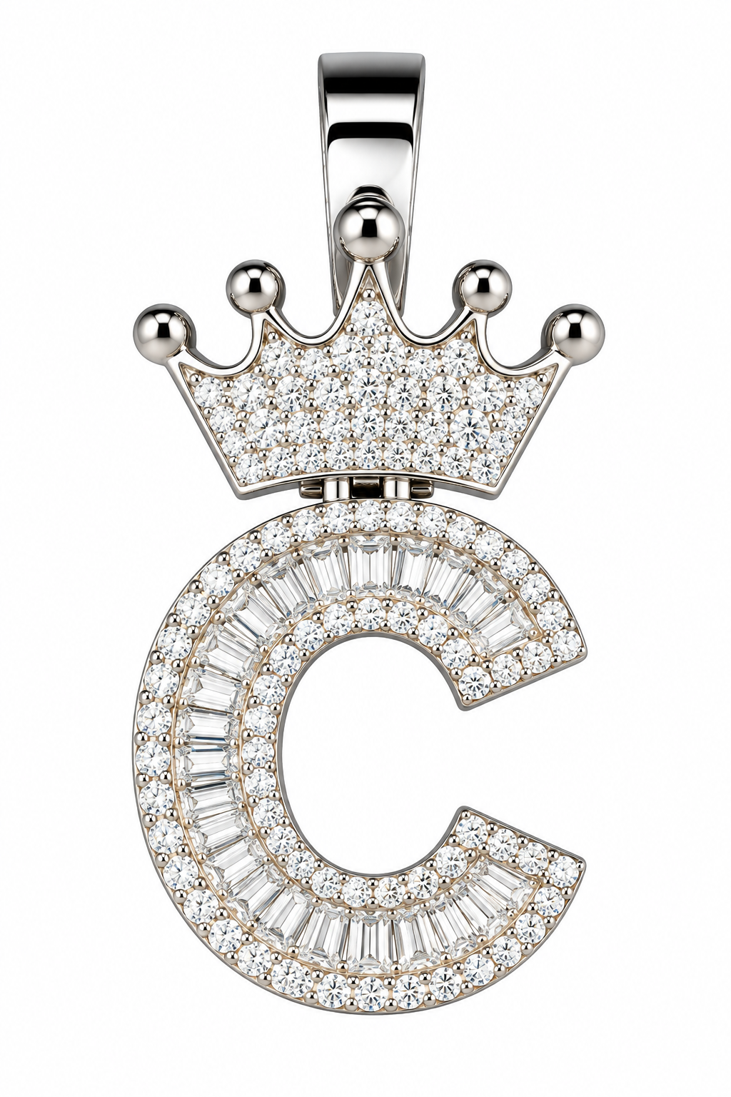 Mossinite Silver Iced Out Crown Initial Pendant - Letter C
