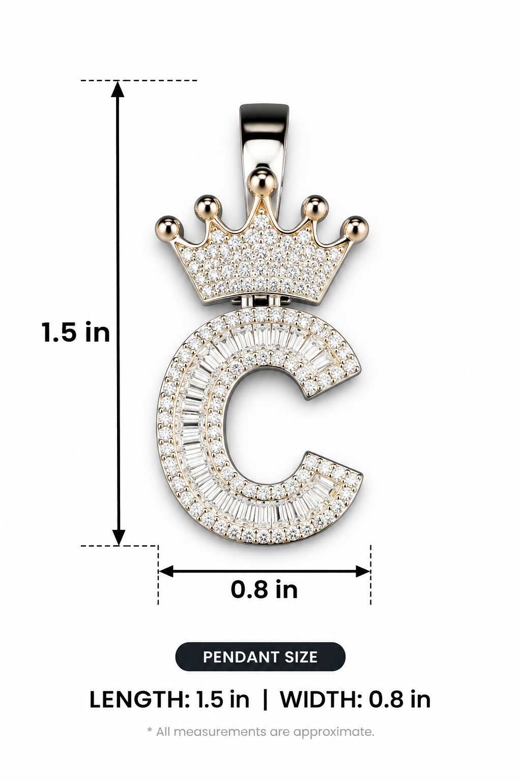 Mossinite Silver Iced Out Crown Initial Pendant - Letter C - Image 3