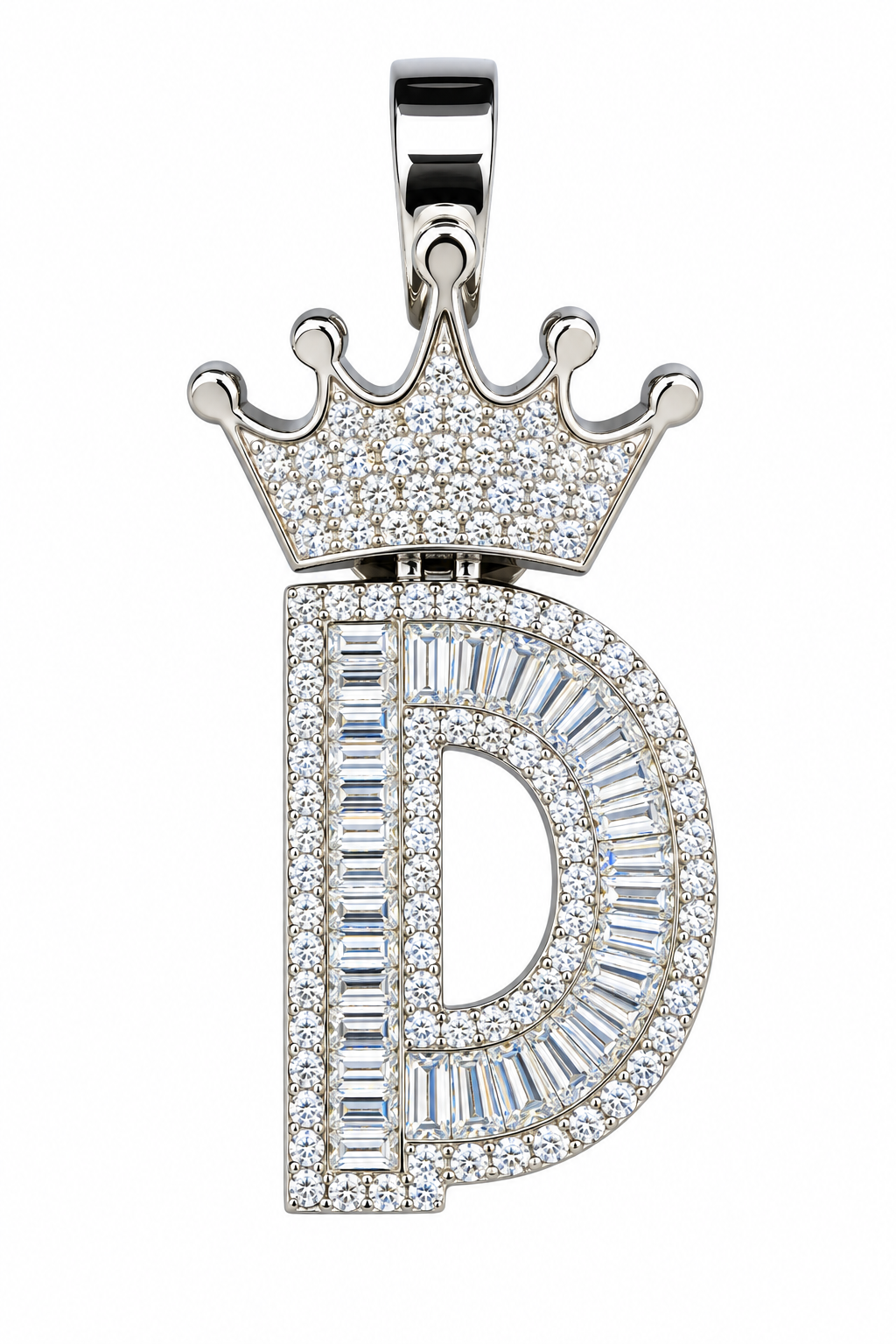 Mossinite Silver Iced Out Crown Initial Pendant - Letter D