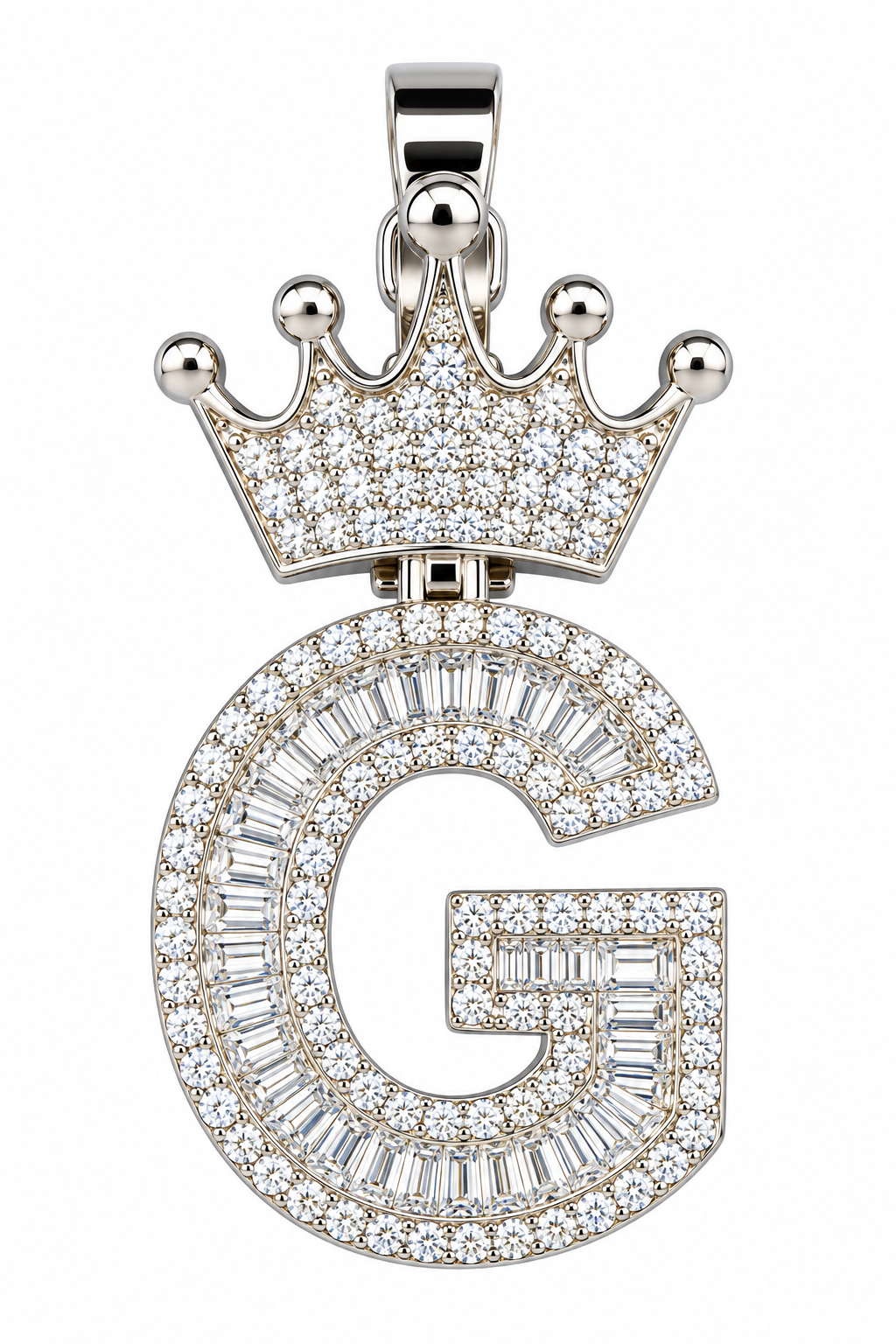 Mossinite Silver Iced Out Crown Initial Pendant - Letter G
