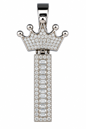 Mossinite Silver Iced Out Crown Initial Pendant - Letter I