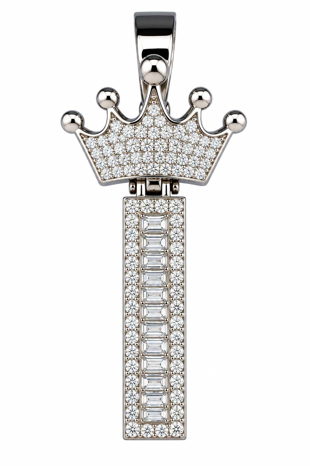 Mossinite Silver Iced Out Crown Initial Pendant - Letter I