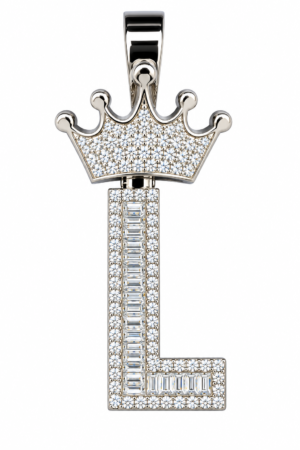 Mossinite Silver Iced Out Crown Initial Pendant - Letter L