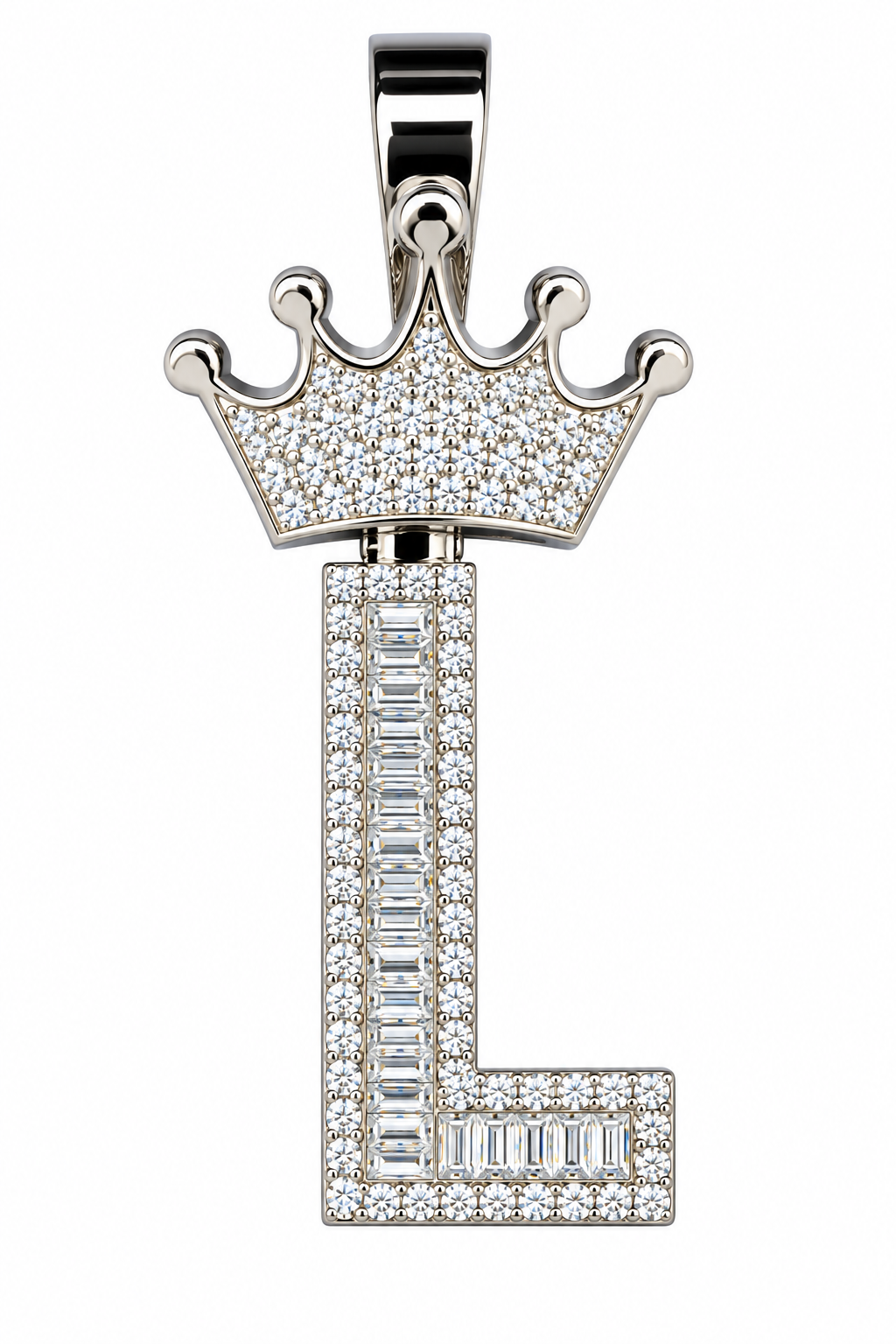 Mossinite Silver Iced Out Crown Initial Pendant - Letter L