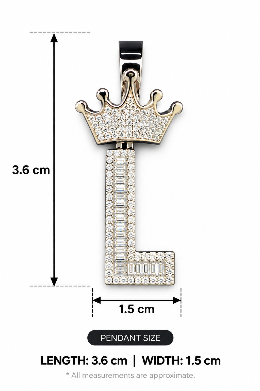 Mossinite Silver Iced Out Crown Initial Pendant - Letter L - Image 3