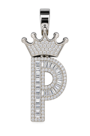 Mossinite Silver Iced Out Crown Initial Pendant - Letter P