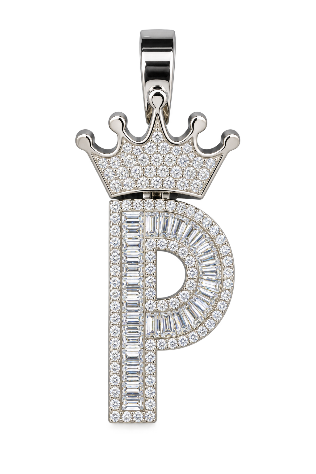 Mossinite Silver Iced Out Crown Initial Pendant - Letter P