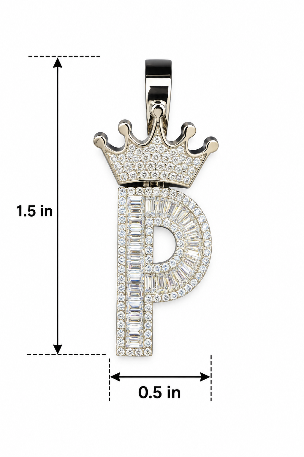 Mossinite Silver Iced Out Crown Initial Pendant - Letter P - Image 3