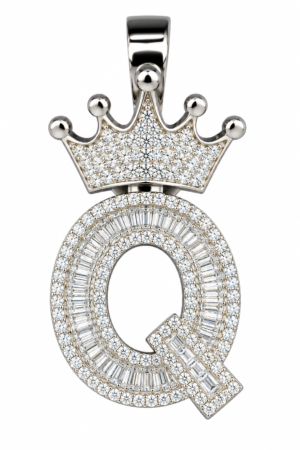 Mossinite Silver Iced Out Crown Initial Pendant - Letter Q