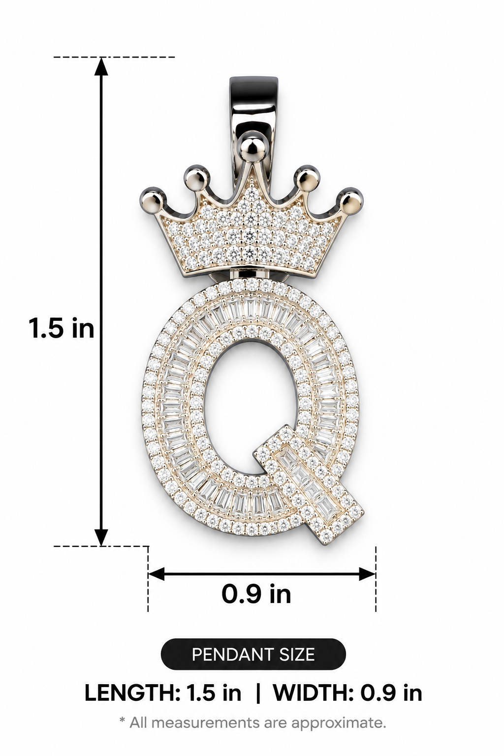Mossinite Silver Iced Out Crown Initial Pendant - Letter Q - Image 3