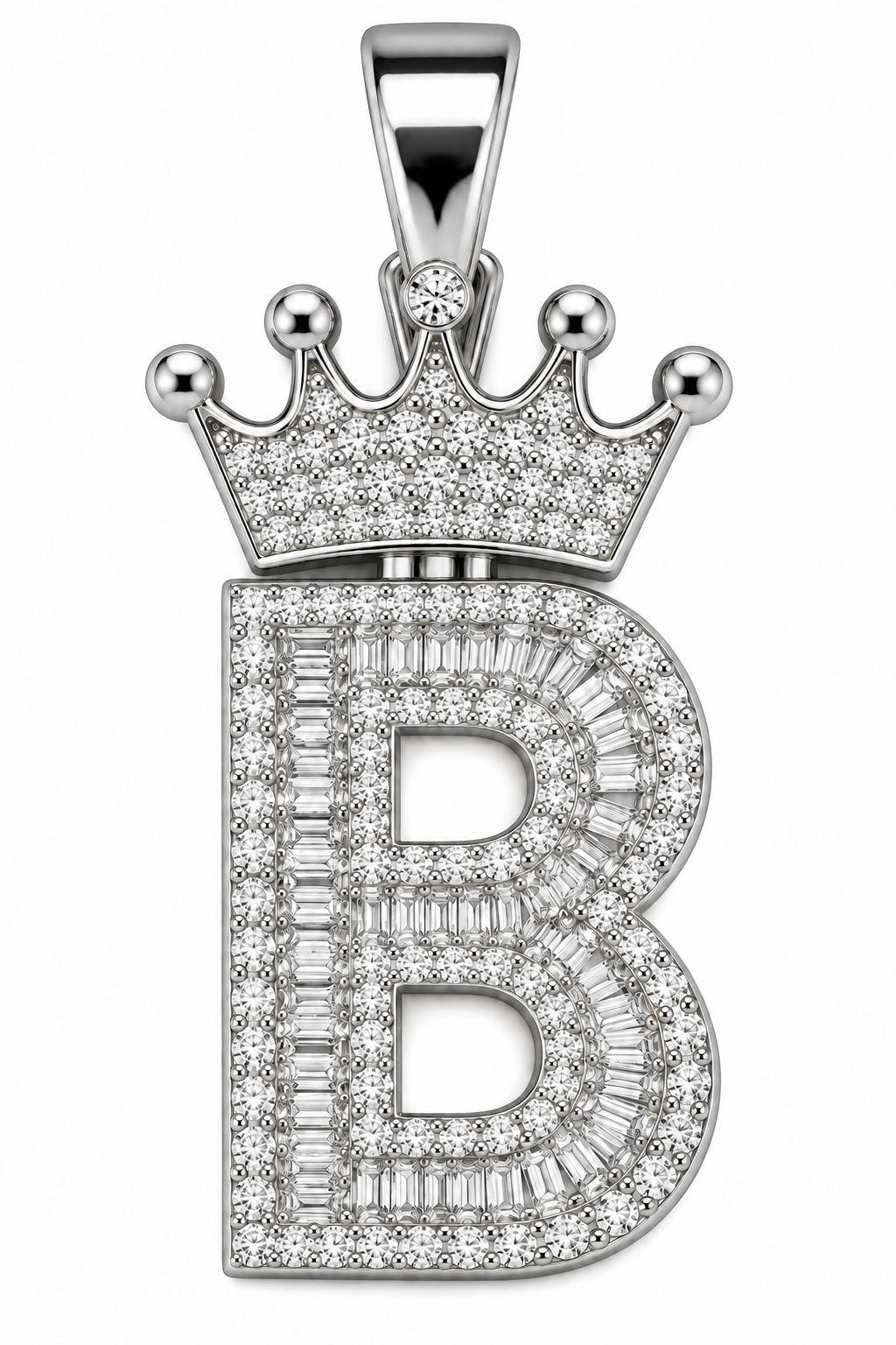 Moissanite Silver Iced Out Crown Initial Pendant – Letter B