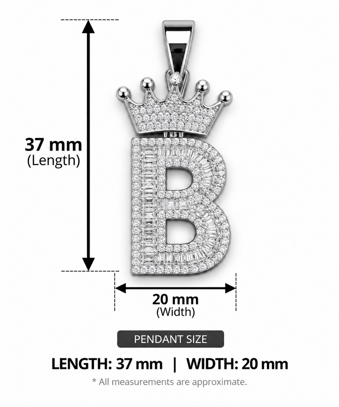 Moissanite Silver Iced Out Crown Initial Pendant – Letter B - Image 2