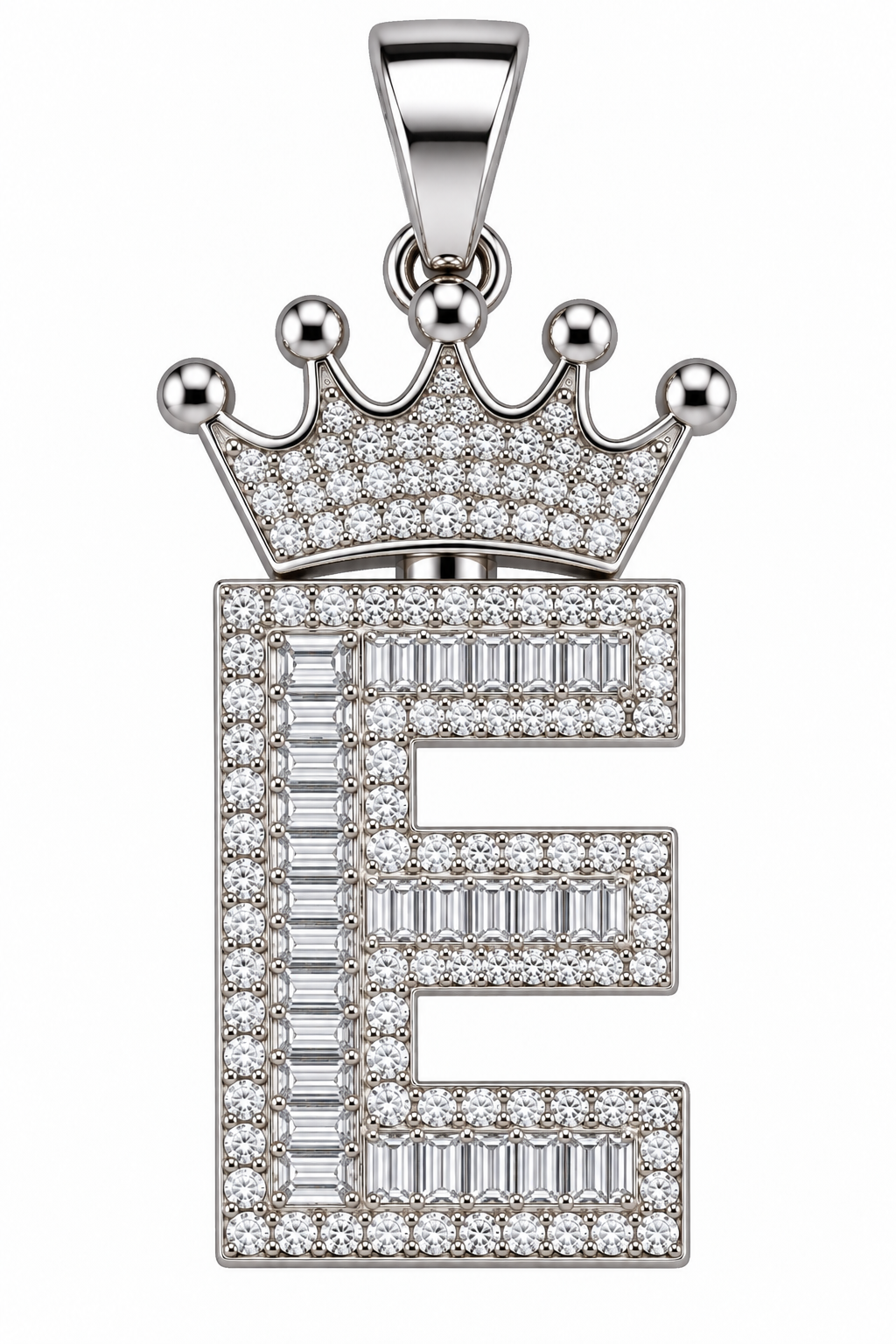 Moissanite Silver Iced Out Crown Initial Pendant – Letter E