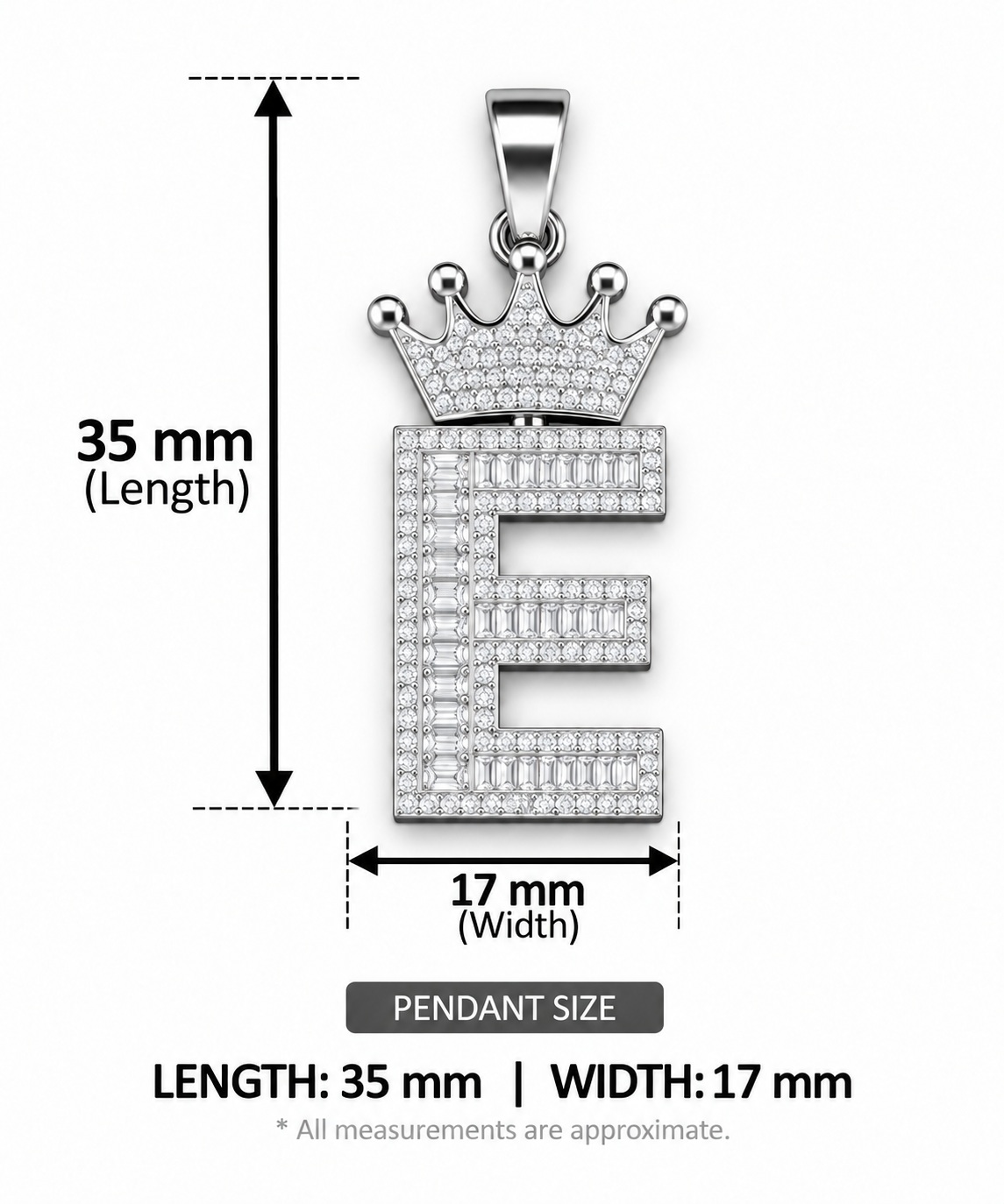 Moissanite Silver Iced Out Crown Initial Pendant – Letter E - Image 2