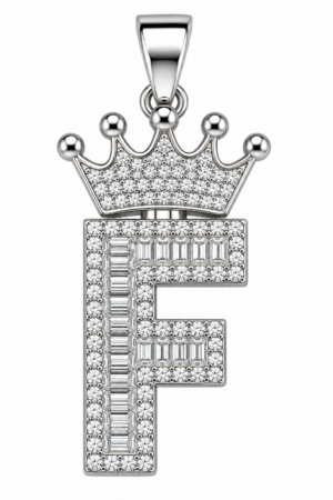 Moissanite Silver Iced Out Crown Initial Pendant – Letter F
