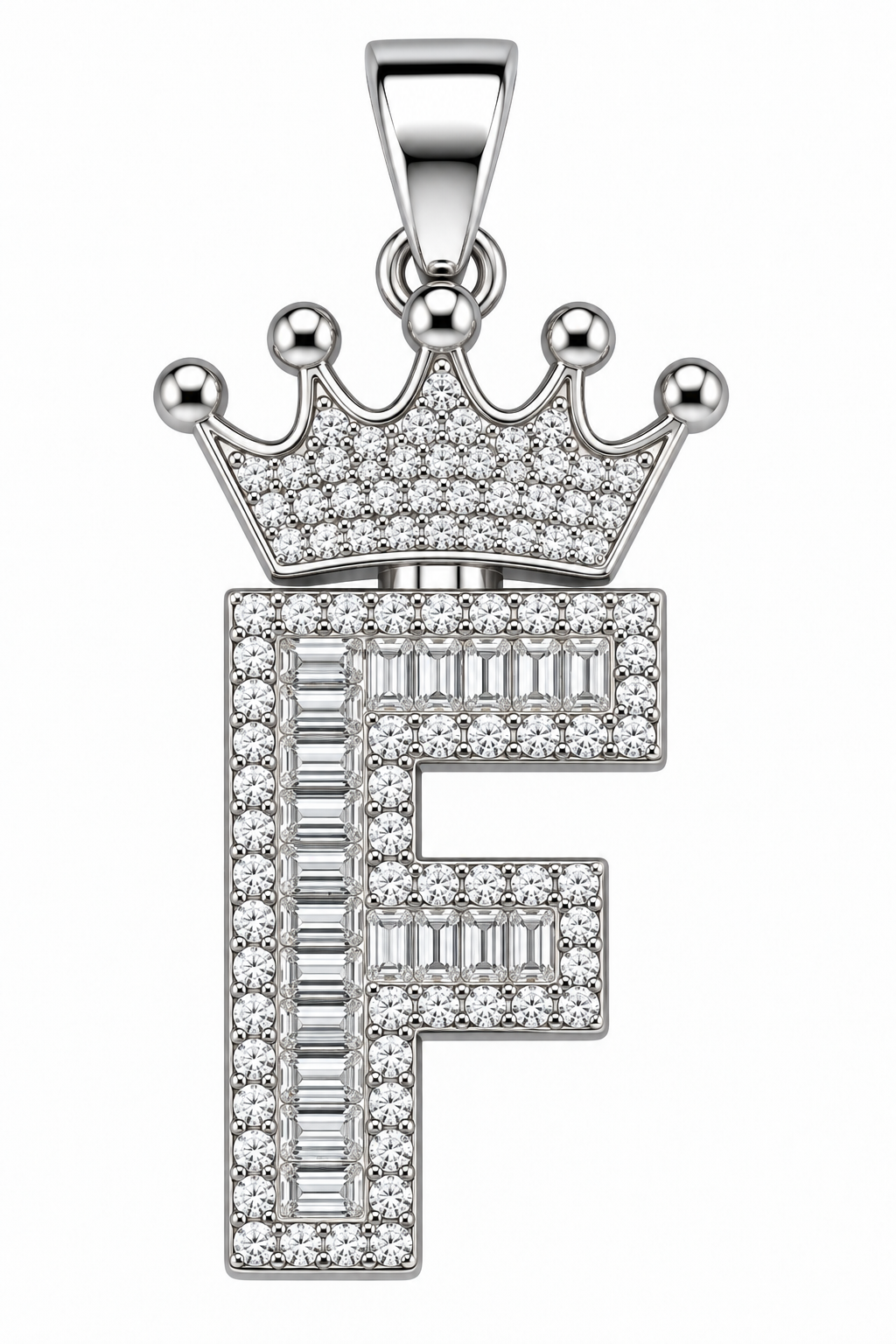 Moissanite Silver Iced Out Crown Initial Pendant – Letter F