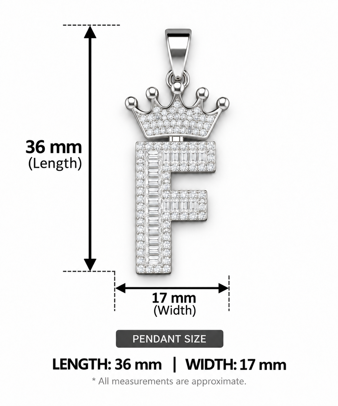 Moissanite Silver Iced Out Crown Initial Pendant – Letter F - Image 2