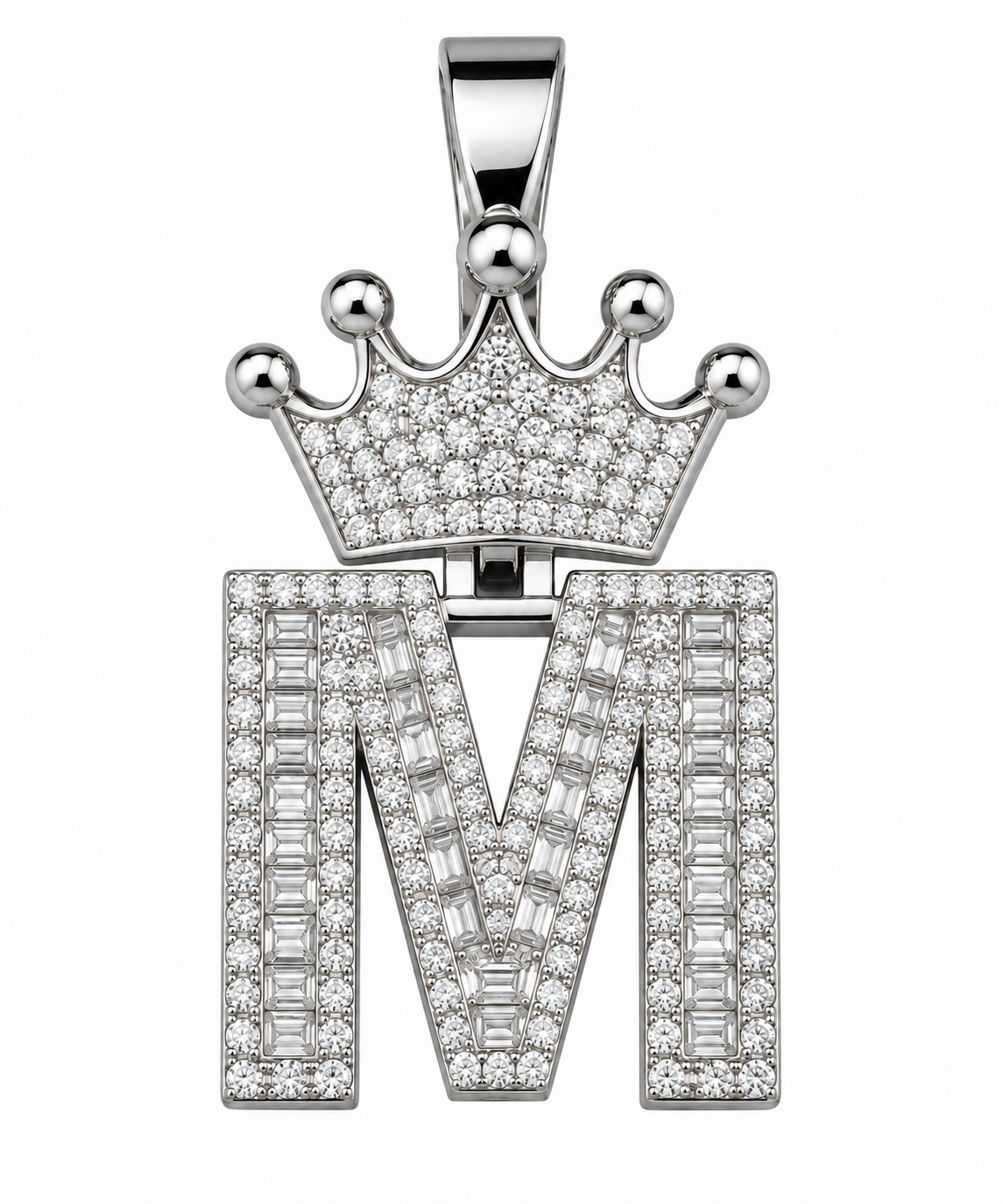 Moissanite Silver Iced Out Crown Initial Pendant – Letter M