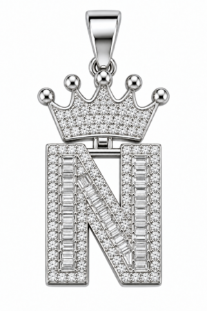 Moissanite Silver Iced Out Crown Initial Pendant – Letter N