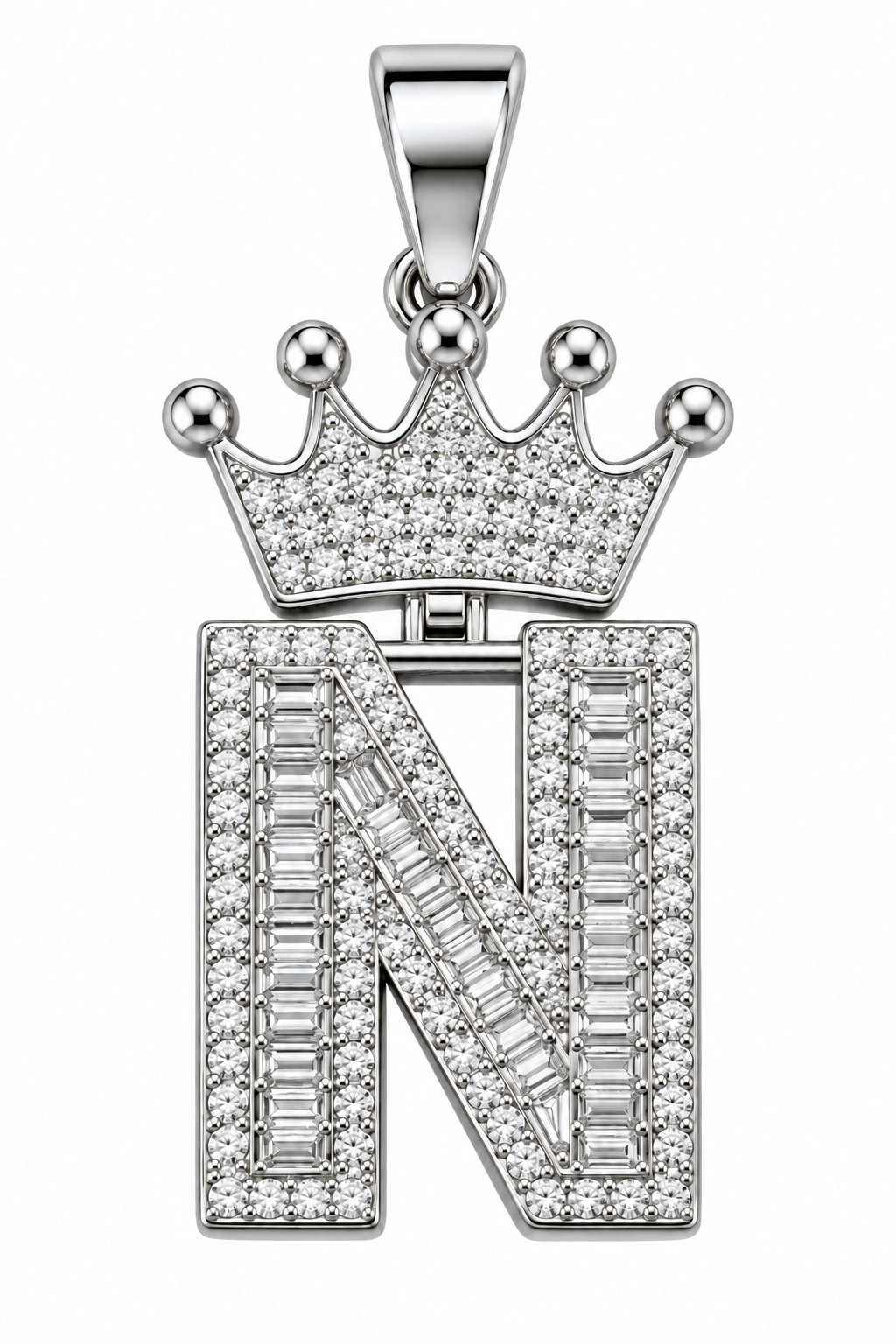 Moissanite Silver Iced Out Crown Initial Pendant – Letter N