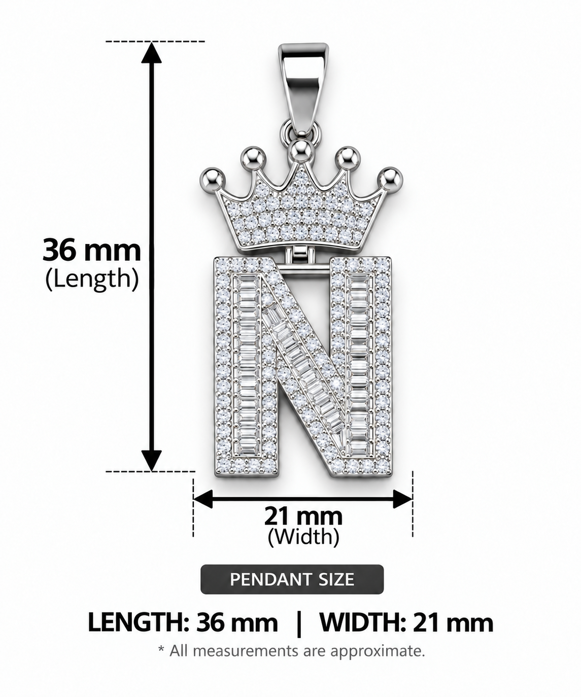 Moissanite Silver Iced Out Crown Initial Pendant – Letter N - Image 2