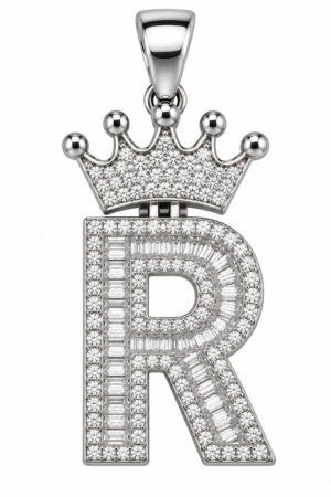 Moissanite Silver Iced Out Crown Initial Pendant – Letter R