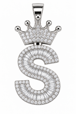 Moissanite Silver Iced Out Crown Initial Pendant – Letter S