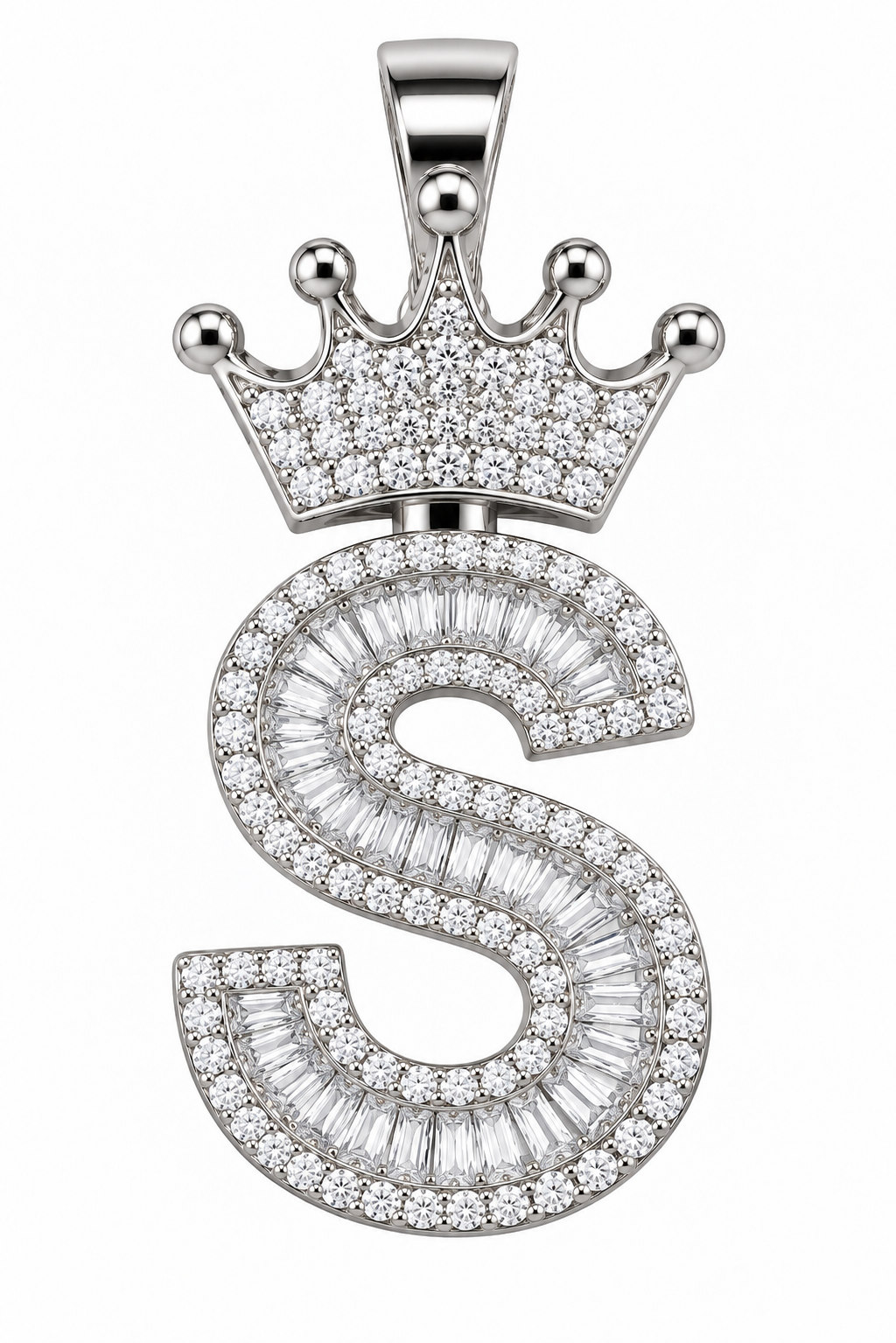 Moissanite Silver Iced Out Crown Initial Pendant – Letter S
