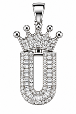 Moissanite Silver Iced Out Crown Initial Pendant – Letter U