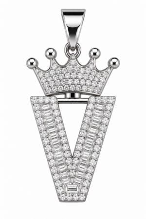 Moissanite Silver Iced Out Crown Initial Pendant – Letter V