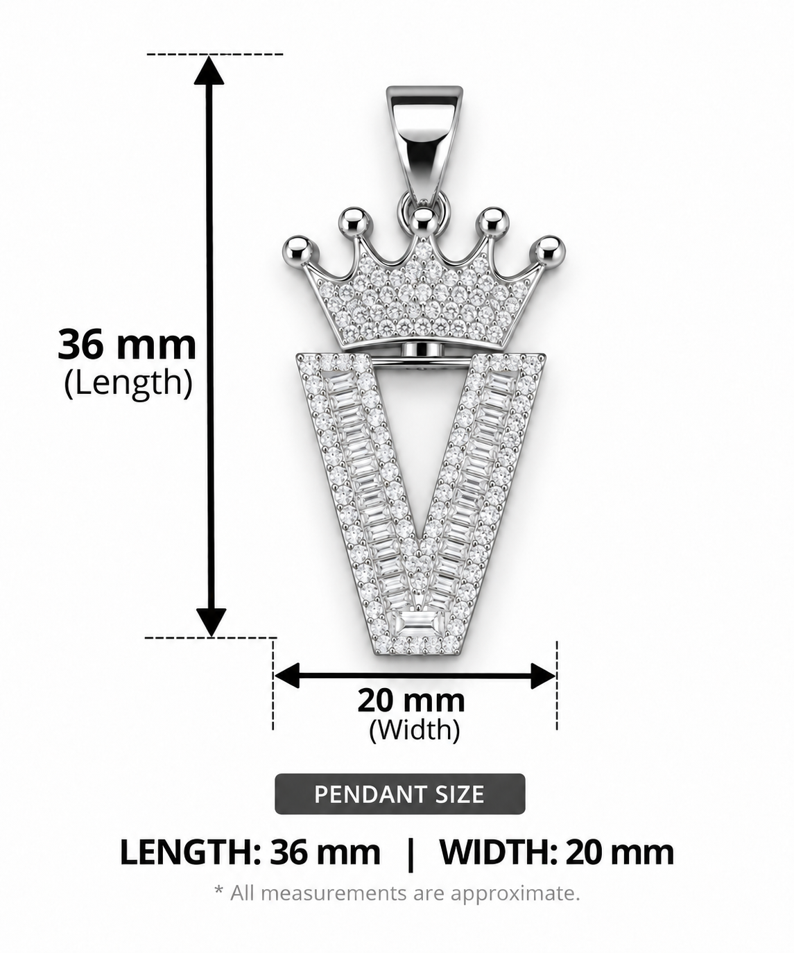 Moissanite Silver Iced Out Crown Initial Pendant – Letter V - Image 2