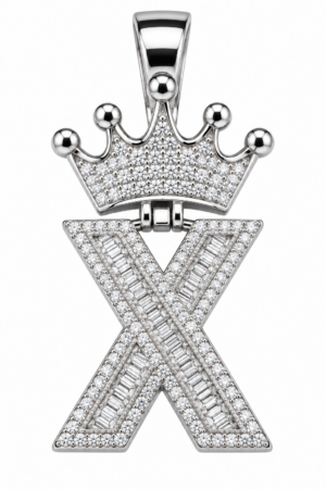 Moissanite Silver Iced Out Crown Initial Pendant – Letter X