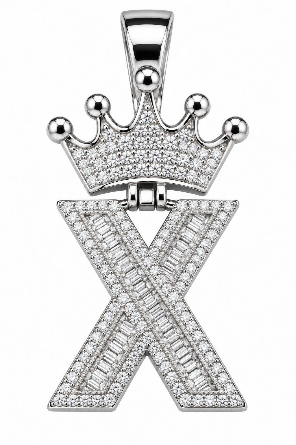 Moissanite Silver Iced Out Crown Initial Pendant – Letter X
