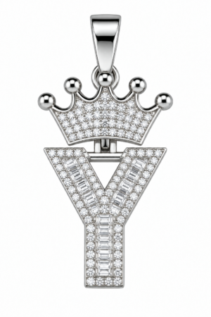 Moissanite Silver Iced Out Crown Initial Pendant – Letter Y