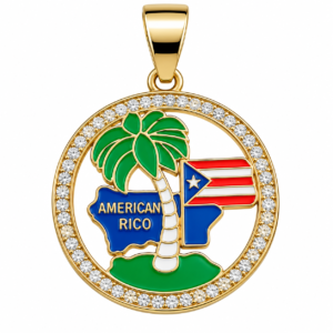 Puerto Rico Palm Tree & Flag Round Medallion Pendant - Gold
