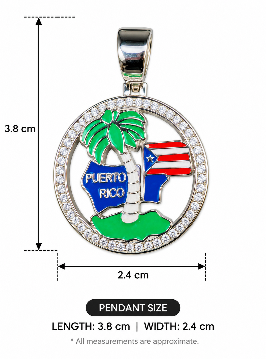 Puerto Rico Palm Tree & Flag Round Medallion Pendant - Silver - Image 3