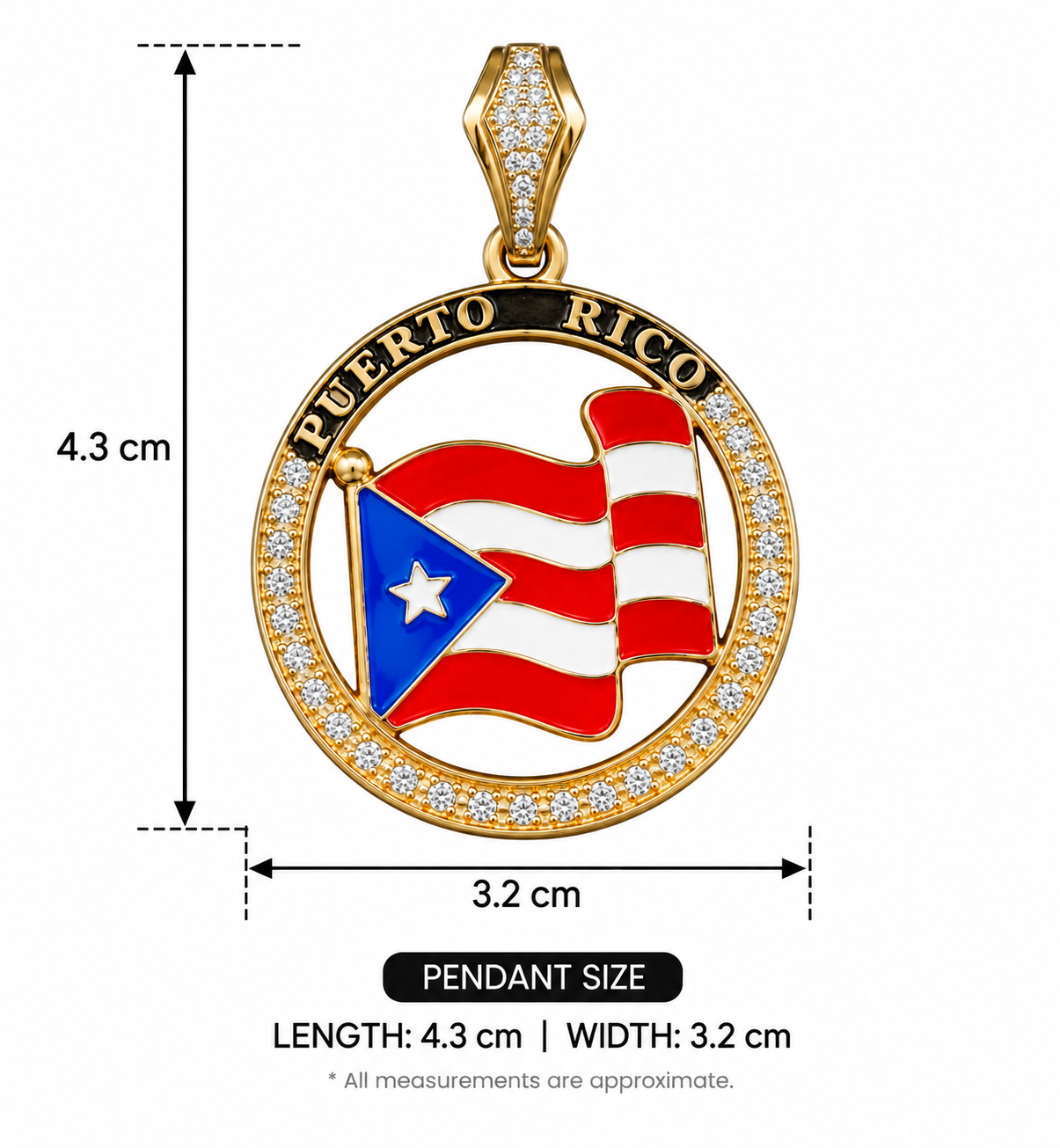 Puerto Rico Waving Flag Round Medallion Pendant - Gold - Image 3