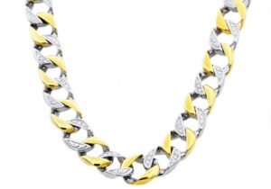 Mens 14mm Two Tone Gold Stainless Steel Pave Curb Link Chain Necklace