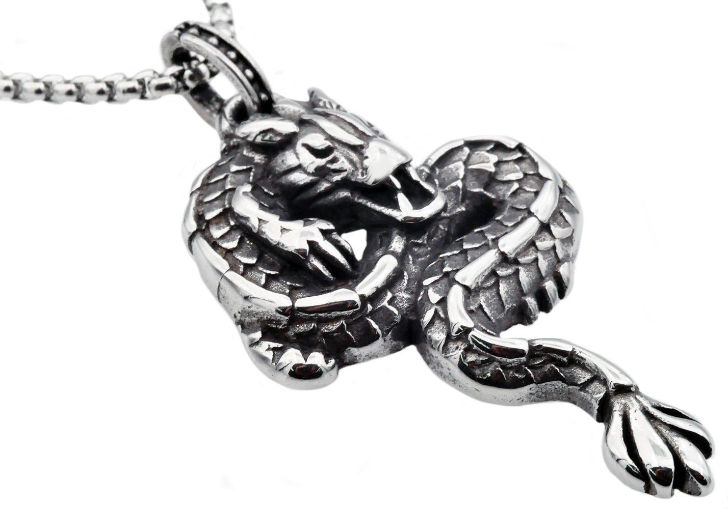 Mens Black Plated Stainless Steel Dragon Pendant