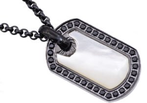 Mens Genuine Mother Of Pearl Black Stainless Steel Dog Tag Pendant With Black Cubic Zirconia