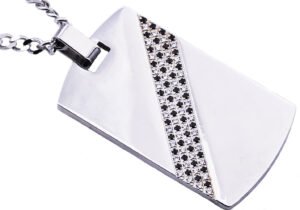 Mens Stainless Steel Dog Tag Pendant With Black Cubic Zirconia