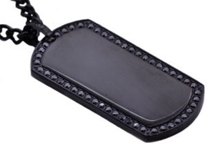 Mens Black Plated Stainless Steel Dog Tag Pendant With Black Cubic Zirconia