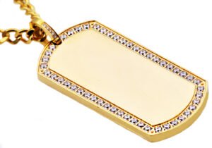 Mens Gold Stainless Steel Dog Tag Pendant With Cubic Zirconia