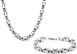 Mens Stainless Steel Byzantine Link Chain Set