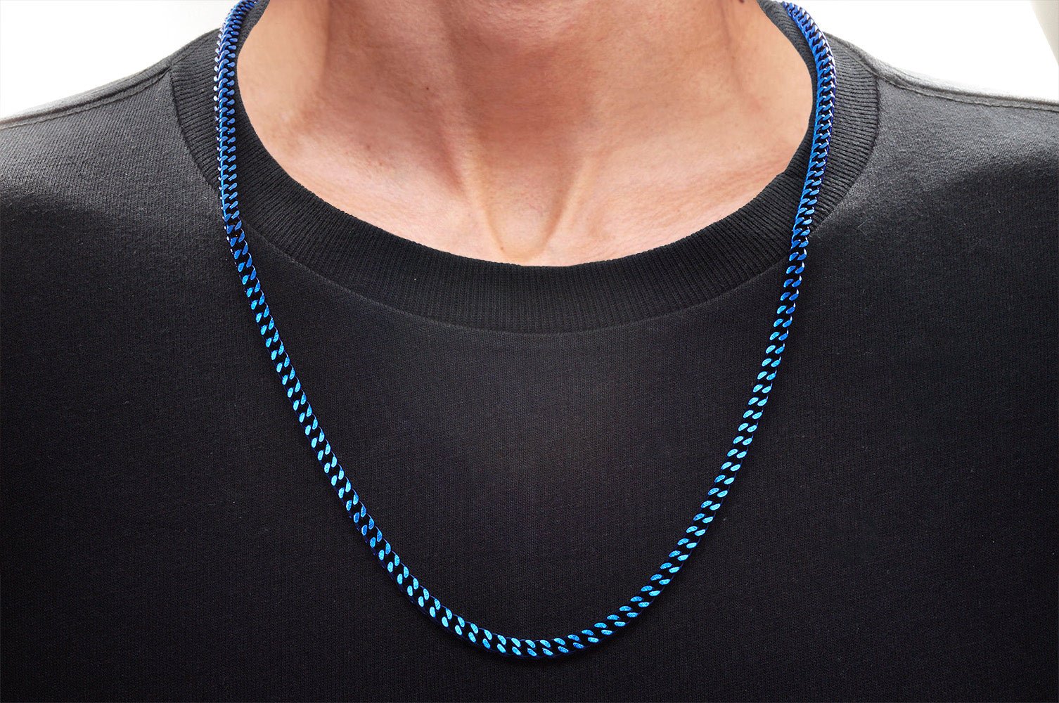 Mens 4mm Blue Stainless Steel Franco Link Chain Necklace - Image 2