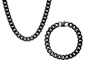 Mens 10mm Black Stainless Steel Curb Link Chain Set