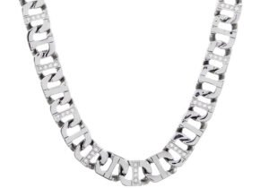 Mens Stainless Steel Anchor Link Chain Necklace With Cubic Zirconia