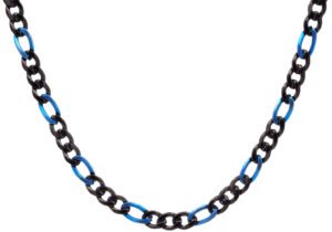 Mens Two-tone Black & Blue Stainless Steel Figaro Link Chain Necklace