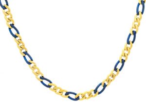 Mens Two-tone Blue & Gold Stainless Steel Figaro Link Chain Necklace