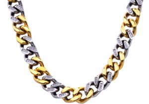 Mens 14mm Two Tone Gold Stainless Steel Cubic Zirconia Curb Link Chain Necklace